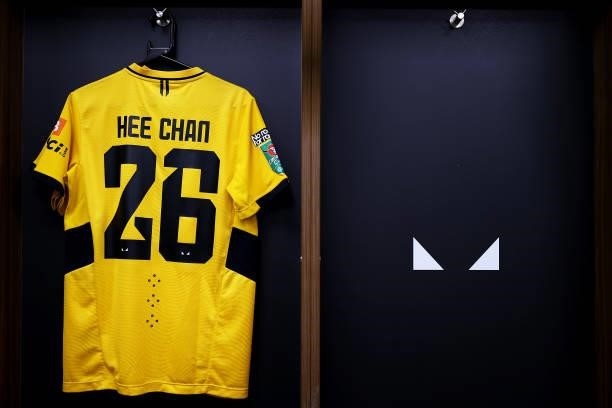 The shirt of Hwang Hee-chan of Wolverhampton Wanderers is displayed inside the dressing room prior to the Carabao Cup Third Round match between...