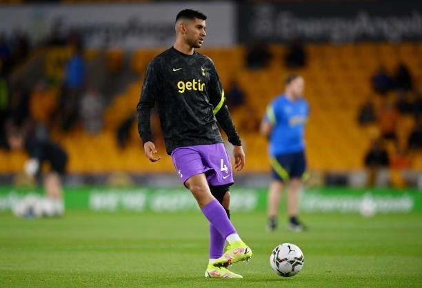Cristian Romero of Tottenham Hotspur warms up prior to the Carabao Cup Third Round match between Wolverhampton Wanderers and Tottenham Hotspur at...