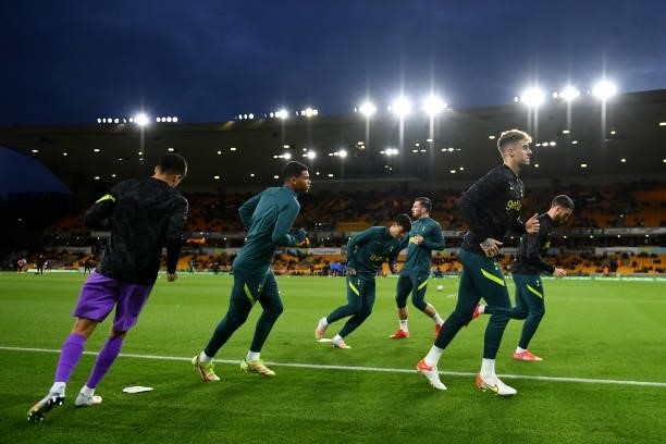 Tottenham Hotspur players look on during the warm up prior to the Carabao Cup Third Round match between Wolverhampton Wanderers and Tottenham Hotspur...