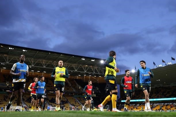 Wolverhampton Wanderers players look on during the warm up prior to the Carabao Cup Third Round match between Wolverhampton Wanderers and Tottenham...
