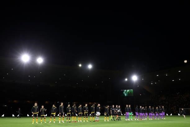 Players of Wolverhampton Wanderers and Tottenham Hotspur line up prior to the Carabao Cup Third Round match between Wolverhampton Wanderers and...