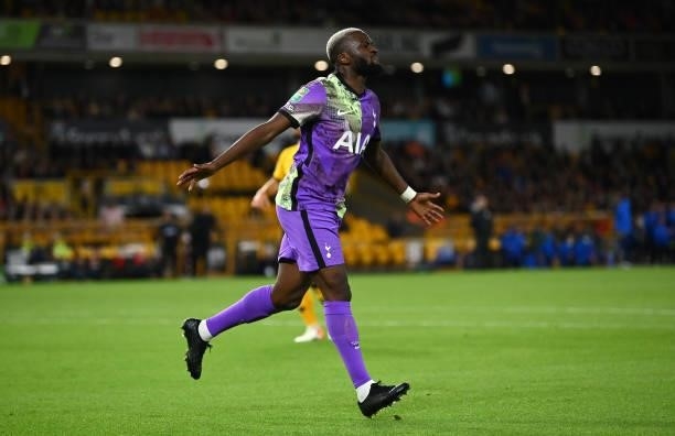 Tanguy Ndombele of Tottenham Hotspur celebrates after scoring their team's first goal during the Carabao Cup Third Round match between Wolverhampton...