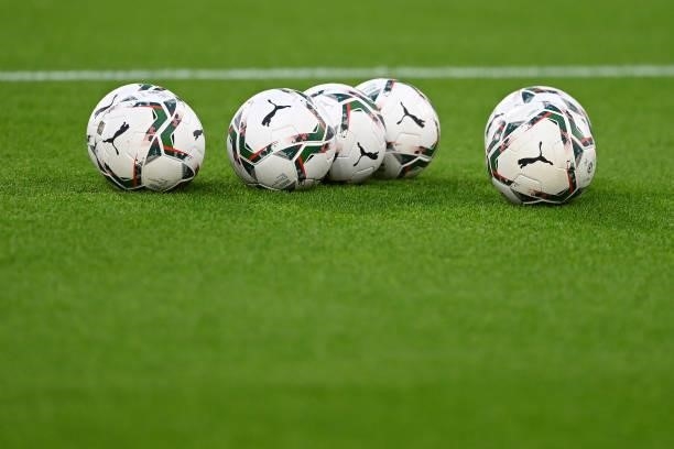 General view of the Puma Carabao Cup match balls on the pitch prior to the Carabao Cup Third Round match between Wolverhampton Wanderers and...