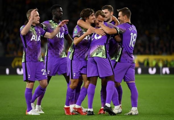 Tanguy Ndombele celebrates with teammates Harry Kane, Giovani Lo Celso and Bryan Gil of Tottenham Hotspur after scoring their team's first goal...