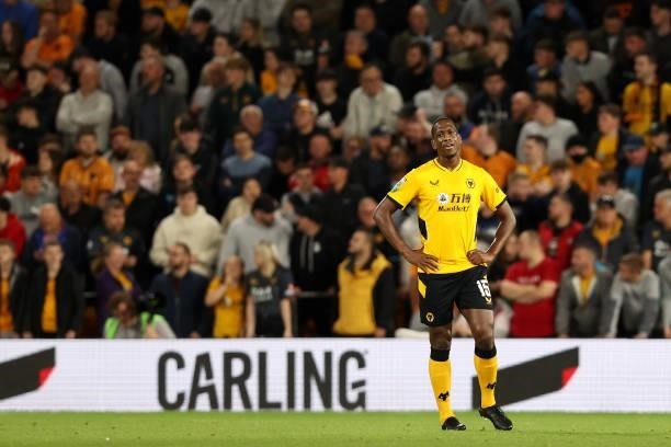Willy Boly of Wolverhampton Wanderers looks dejected after the Tottenham Hotspur second goal scored by Harry Kane during the Carabao Cup Third Round...