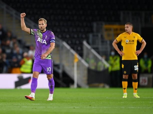 Harry Kane of Tottenham Hotspur celebrates after scoring their team's second goal during the Carabao Cup Third Round match between Wolverhampton...