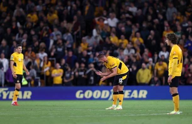 Leander Dendoncker of Wolverhampton Wanderers gives their team instructions after scoring his teams first goal during the Carabao Cup Third Round...