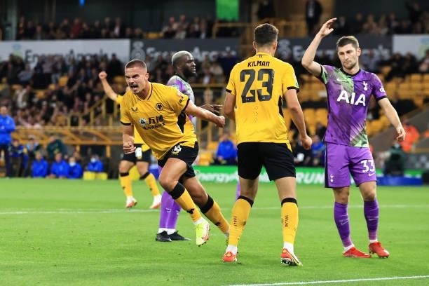 Leander Dendoncker of Wolverhampton Wanderers celebrates after scoring their team's first goal during the Carabao Cup Third Round match between...