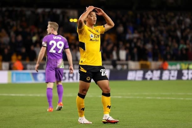 Hee Chan Hwang of Wolverhampton Wanderers reacts after missing a chance during the Carabao Cup Third Round match between Wolverhampton Wanderers and...