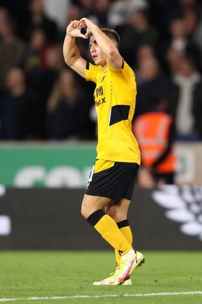 Daniel Podence of Wolverhampton Wanderers celebrates after scoring their team's first goal during the Carabao Cup Third Round match between...
