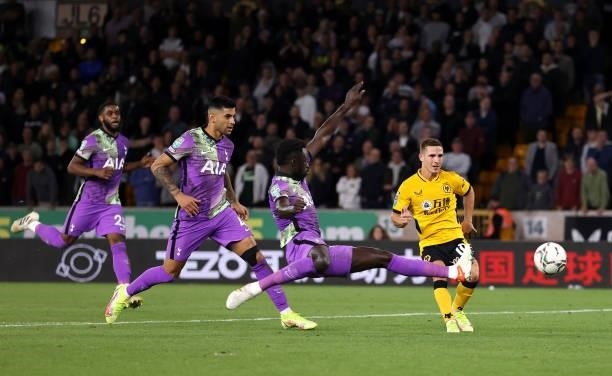 Daniel Podence of Wolverhampton Wanderers scores their team's second goal during the Carabao Cup Third Round match between Wolverhampton Wanderers...