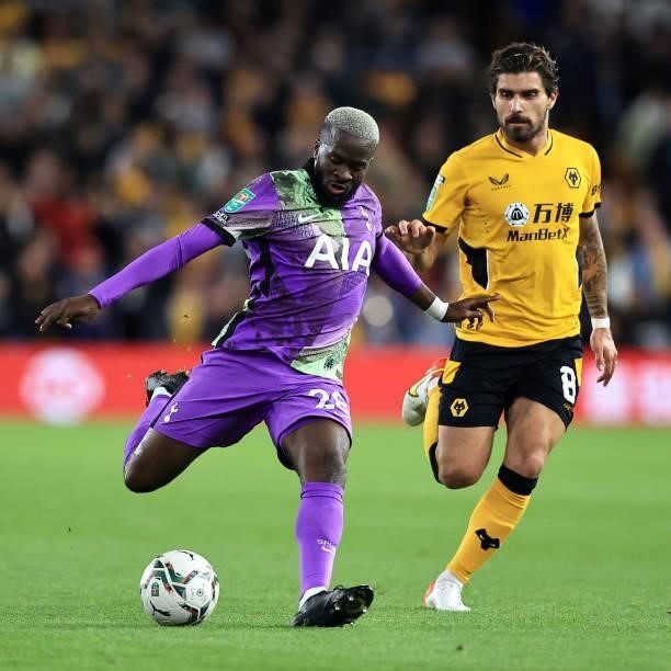 Tanguy Ndombele of Tottenham Hotspur takes a shot at goal during the Carabao Cup Third Round match between Wolverhampton Wanderers and Tottenham...