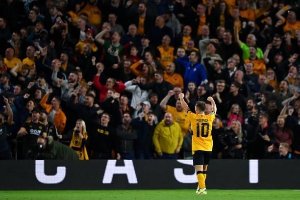Daniel Podence of Wolverhampton Wanderers celebrates after scoring their team's second goal during the Carabao Cup Third Round match between...