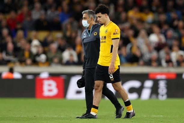 Rayan Ait-Nouri of Wolverhampton Wanderers receives medical treatment during the Carabao Cup Third Round match between Wolverhampton Wanderers and...