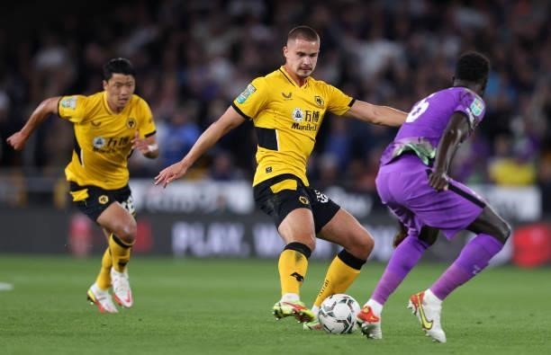 Leander Dendoncker of Wolverhampton Wanderers passes the ball during the Carabao Cup Third Round match between Wolverhampton Wanderers and Tottenham...
