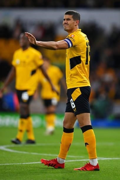 Conor Coady of Wolverhampton Wanderers reacts during the Carabao Cup Third Round match between Wolverhampton Wanderers and Tottenham Hotspur at...