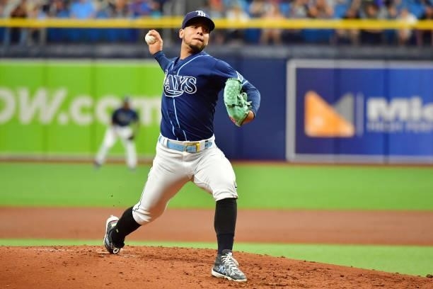 Luis Patino of the Tampa Bay Rays delivers a pitch to the Toronto Blue Jays in the second inning at Tropicana Field on September 22, 2021 in St...