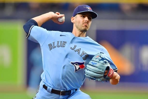 Julian Merryweather of the Toronto Blue Jays delivers a pitch to the Tampa Bay Rays in the first inning at Tropicana Field on September 22, 2021 in...
