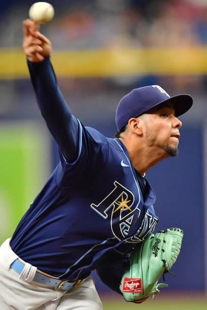 Luis Patino of the Tampa Bay Rays delivers a pitch to the Toronto Blue Jays in the first inning at Tropicana Field on September 22, 2021 in St...