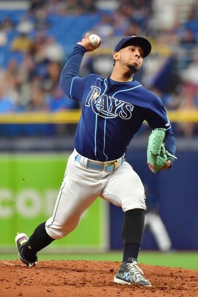 Luis Patino of the Tampa Bay Rays delivers a pitch to the Toronto Blue Jays in the third inning at Tropicana Field on September 22, 2021 in St...