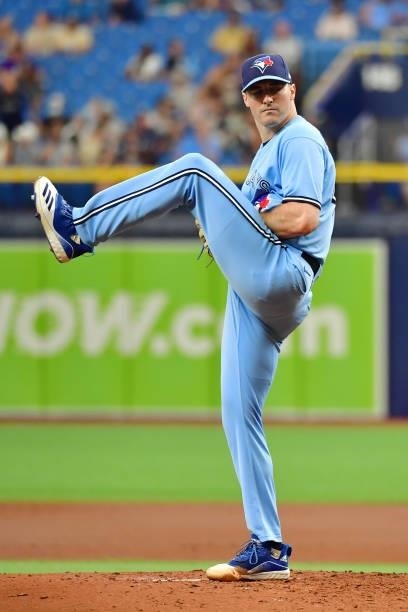 Ross Stripling of the Toronto Blue Jays delivers a pitch to the Tampa Bay Rays in the second inning at Tropicana Field on September 22, 2021 in St...