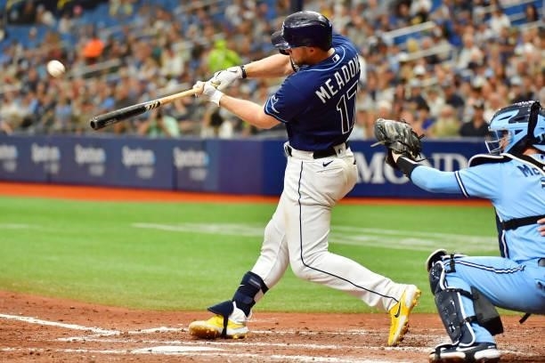 Austin Meadows of the Tampa Bay Rays hits a 3-run home run off of Ross Stripling of the Toronto Blue Jays in the third inning at Tropicana Field on...