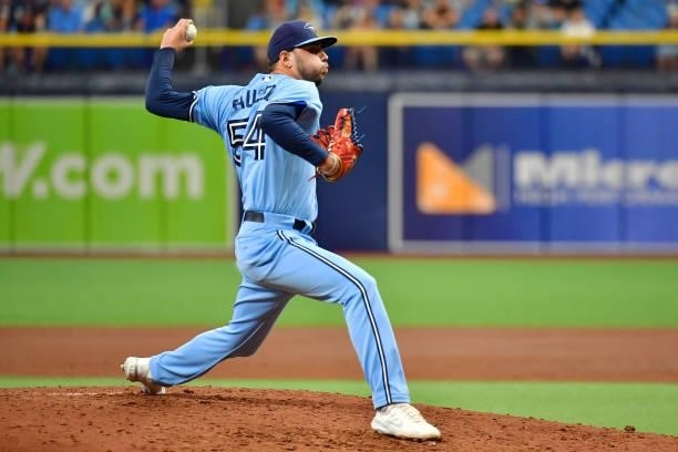 Tayler Saucedo of the Toronto Blue Jays delivers a pitch in the third inning against the Tampa Bay Rays at Tropicana Field on September 22, 2021 in...