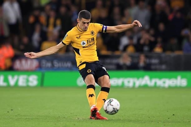 Conor Coady of Wolverhampton Wanderers misses the final kick of the penalty shootout during the Carabao Cup Third Round match between Wolverhampton...