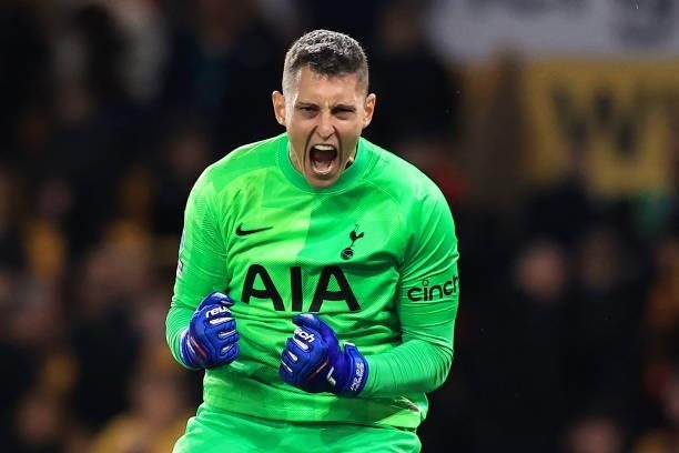 Pierluigi Gollini of Tottenham Hotspur celebrates his sides victory in the penalty shootout in the Carabao Cup Third Round match between...