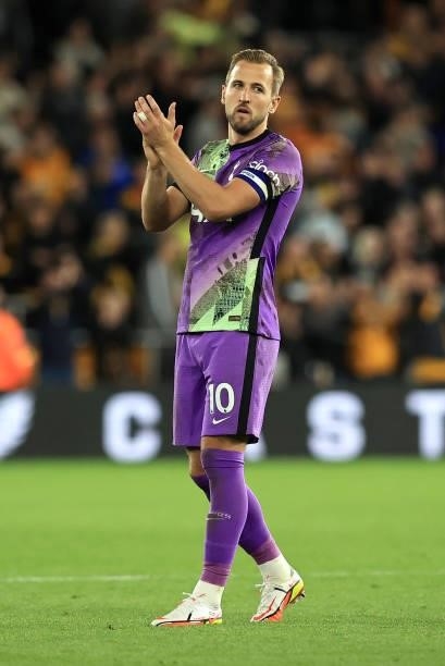 Harry Kane of Tottenham Hotspur applauds the fans following victory in the Carabao Cup Third Round match between Wolverhampton Wanderers and...