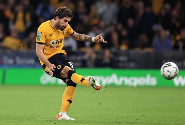 Ruben Neves of Wolverhampton Wanderers misses a penalty in the penalty shoot out during the Carabao Cup Third Round match between Wolverhampton...