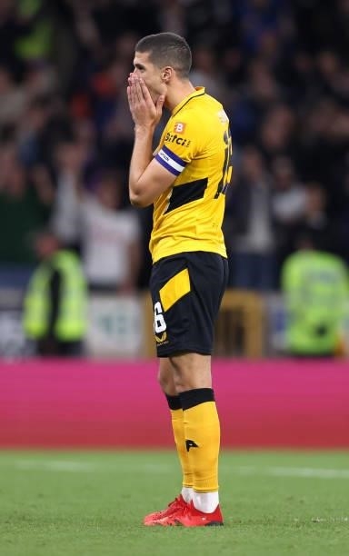 Conor Coady of Wolverhampton Wanderers looks dejected after missing the decisive penalty in the penalty shoot out during the Carabao Cup Third Round...