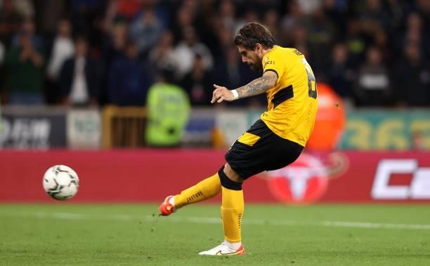 Ruben Neves of Wolverhampton Wanderers misses a penalty in the penalty shoot out during the Carabao Cup Third Round match between Wolverhampton...