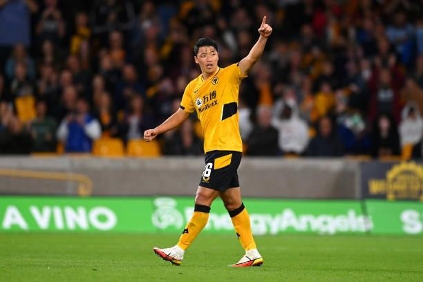 Hee Chan Hwang of Wolverhampton Wanderers celebrates after scoring a penalty in the penalty shoot out during the Carabao Cup Third Round match...