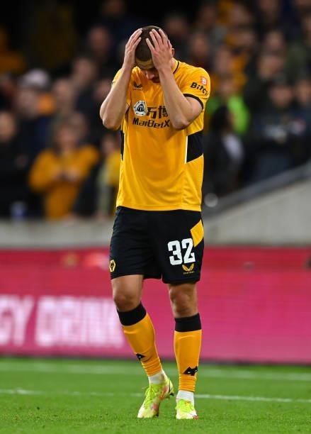 Leander Dendoncker of Wolverhampton Wanderers reacts after missing a penalty in the penalty shoot out during the Carabao Cup Third Round match...