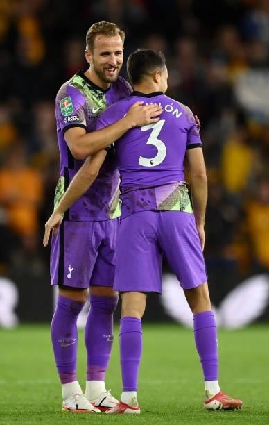 Harry Kane embraces Sergio Reguilon of Tottenham Hotspur after their sides victory in the Carabao Cup Third Round match between Wolverhampton...