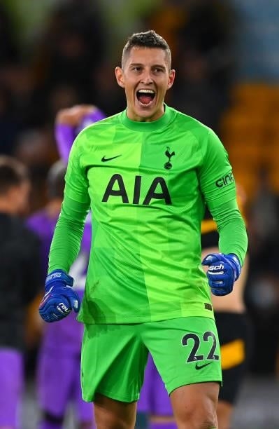 Pierluigi Gollini of Tottenham Hotspur celebrates after victory in the Carabao Cup Third Round match between Wolverhampton Wanderers and Tottenham...