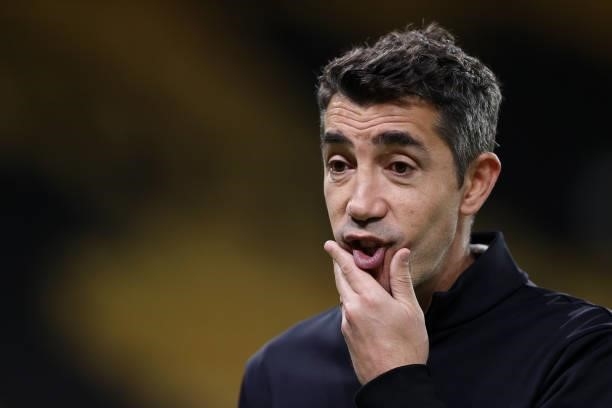 Bruno Lage, Manager of Wolverhampton Wanderers reacts as he speaks to the media following the Carabao Cup Third Round match between Wolverhampton...
