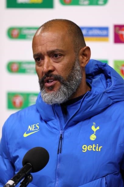Nuno Espirito Santo, Manager of Tottenham Hotspur speaks to the media following the Carabao Cup Third Round match between Wolverhampton Wanderers and...