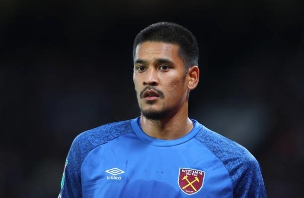 Alphonse Areola of West Ham United looks on during the Carabao Cup Third Round match between Manchester United and West Ham United at Old Trafford on...