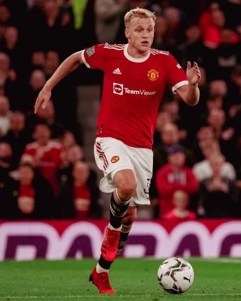 Donny van de Beek of Manchester United in action during the Carabao Cup Third Round match between Manchester United and West Ham United at Old...