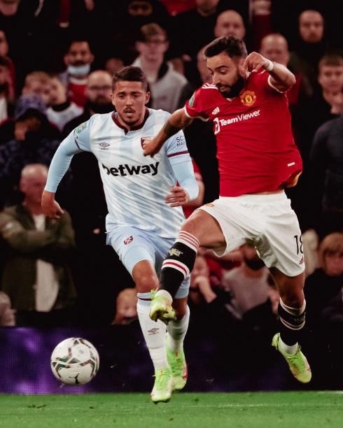 Bruno Fernandes of Manchester United in action during the Carabao Cup Third Round match between Manchester United and West Ham United at Old Trafford...