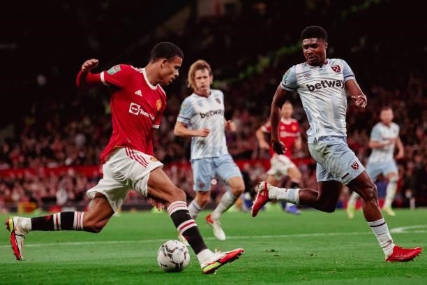 Mason Greenwood of Manchester United in action during the Carabao Cup Third Round match between Manchester United and West Ham United at Old Trafford...