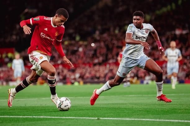 Mason Greenwood of Manchester United in action during the Carabao Cup Third Round match between Manchester United and West Ham United at Old Trafford...