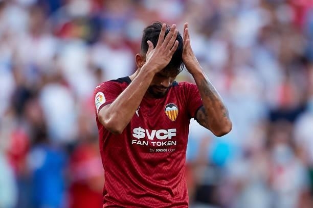 Omar Alderete of Valencia CF reacts during the La Liga Santander match between Sevilla FC and Valencia CF at Estadio Ramon Sanchez Pizjuan on...