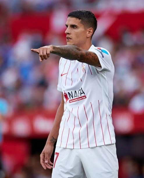 Erik Lamela of Sevilla FC reacts during the La Liga Santander match between Sevilla FC and Valencia CF at Estadio Ramon Sanchez Pizjuan on September...