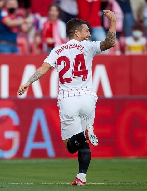 Alejandro Papu Gomez of Sevilla FC celebrates scoring their teams first goal during the La Liga Santander match between Sevilla FC and Valencia CF at...