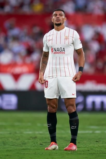 Diego Carlos of Sevilla FC looks on during the La Liga Santander match between Sevilla FC and Valencia CF at Estadio Ramon Sanchez Pizjuan on...