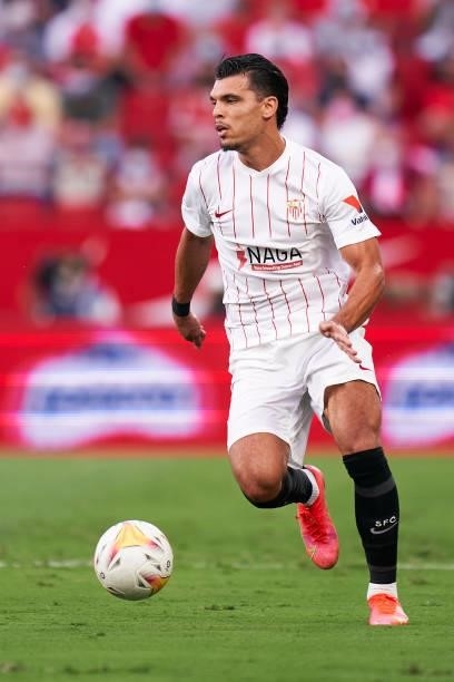Karim Rekik of Sevilla FC runs with the ball during the La Liga Santander match between Sevilla FC and Valencia CF at Estadio Ramon Sanchez Pizjuan...