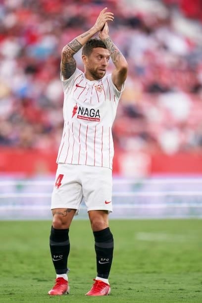 Papu Gomez of Sevilla FC reacts during the La Liga Santander match between Sevilla FC and Valencia CF at Estadio Ramon Sanchez Pizjuan on September...